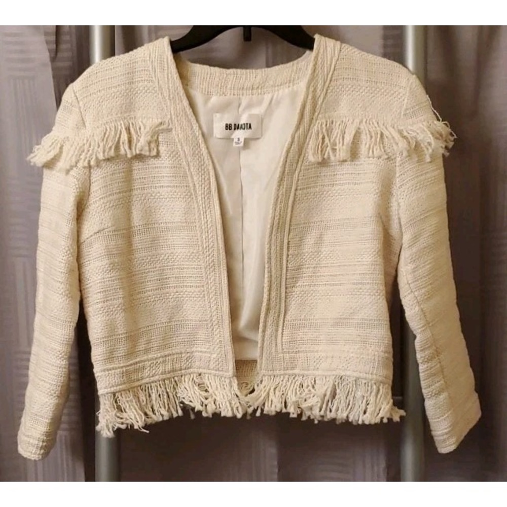 BB Dakota Women's Tweed Cream Fringe Blazer Jacket Sz. Small